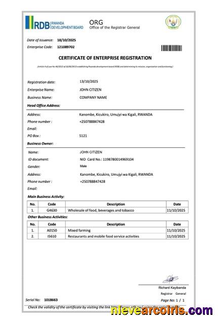 Rwanda certificate of enterprise registration
